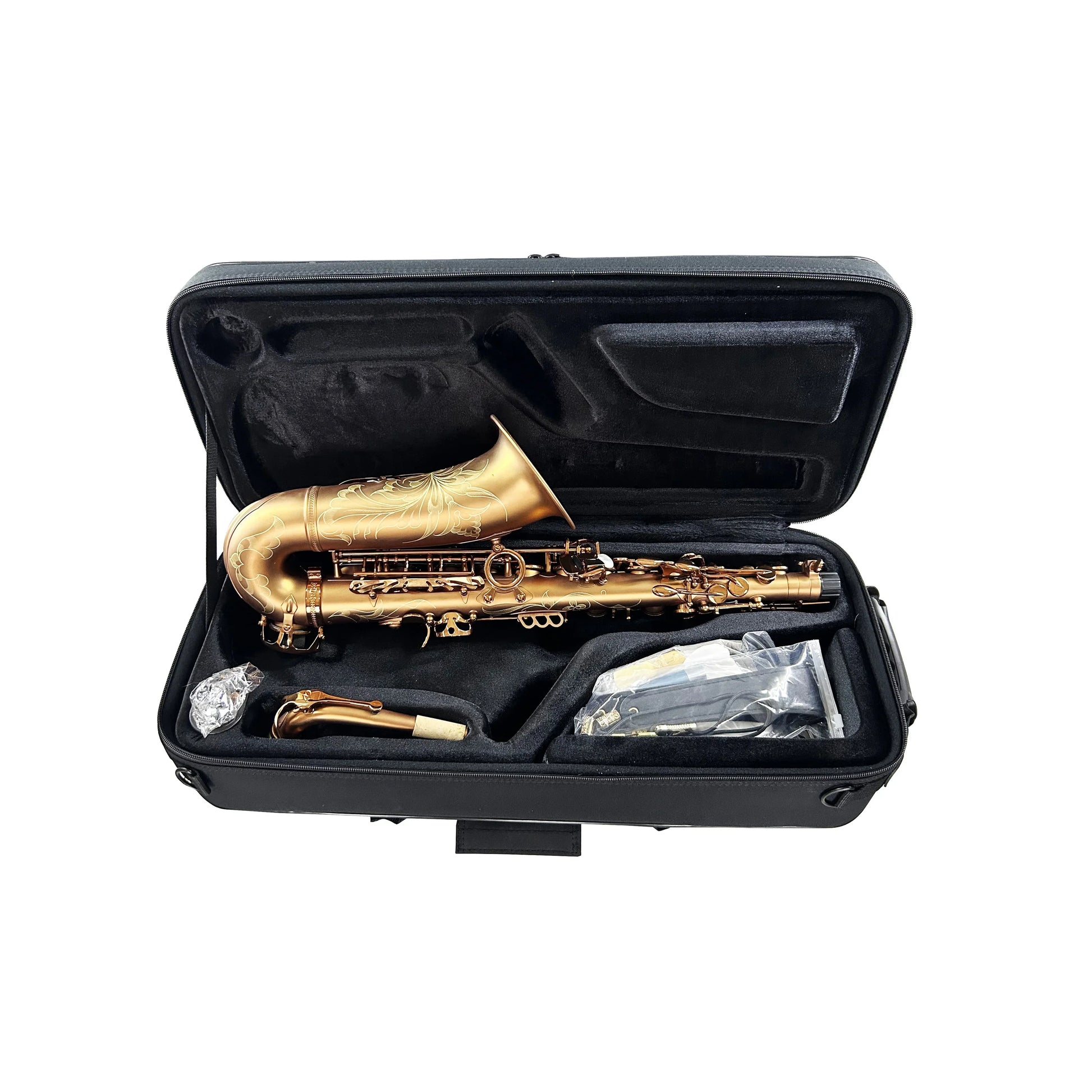Golden seasound oem professional alto saxophone jyas102cfmt with intricate floral engravings in black protective case
