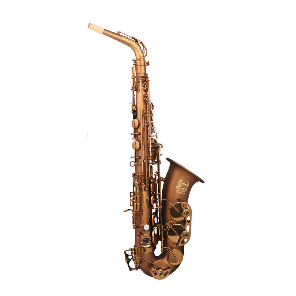 A polished brass seasound oem professional alto saxophone jyas102cfmt with intricate keywork and green accents