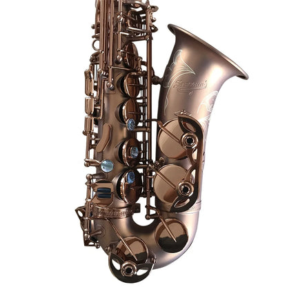 A sleek rose gold seasound oem professional alto saxophone jyas102cfmt with floral engraving and blue key accents