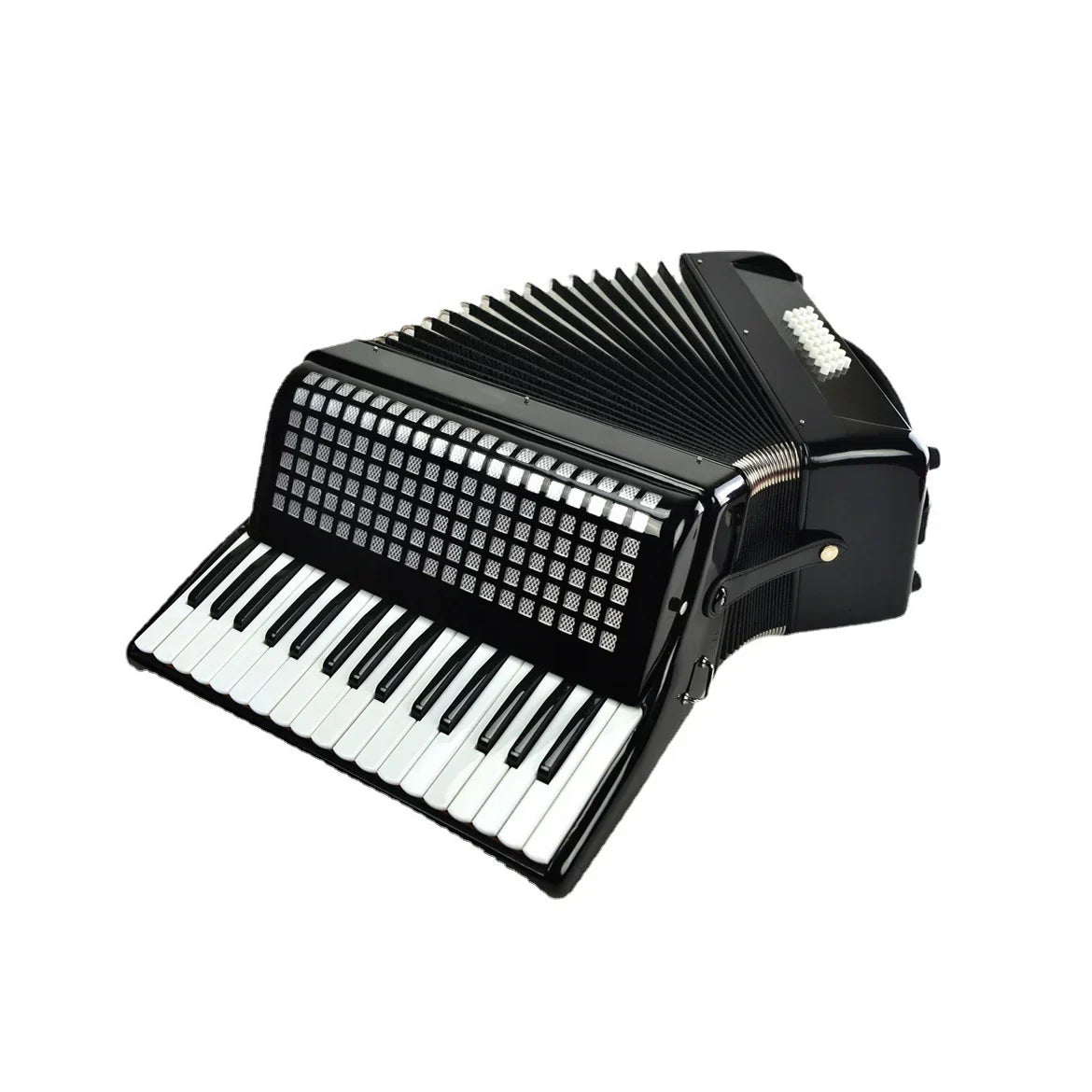 Black celluloid SEASOUND professional keyboard accordion JP3232 with glossy finish and white and black piano keyboard keys