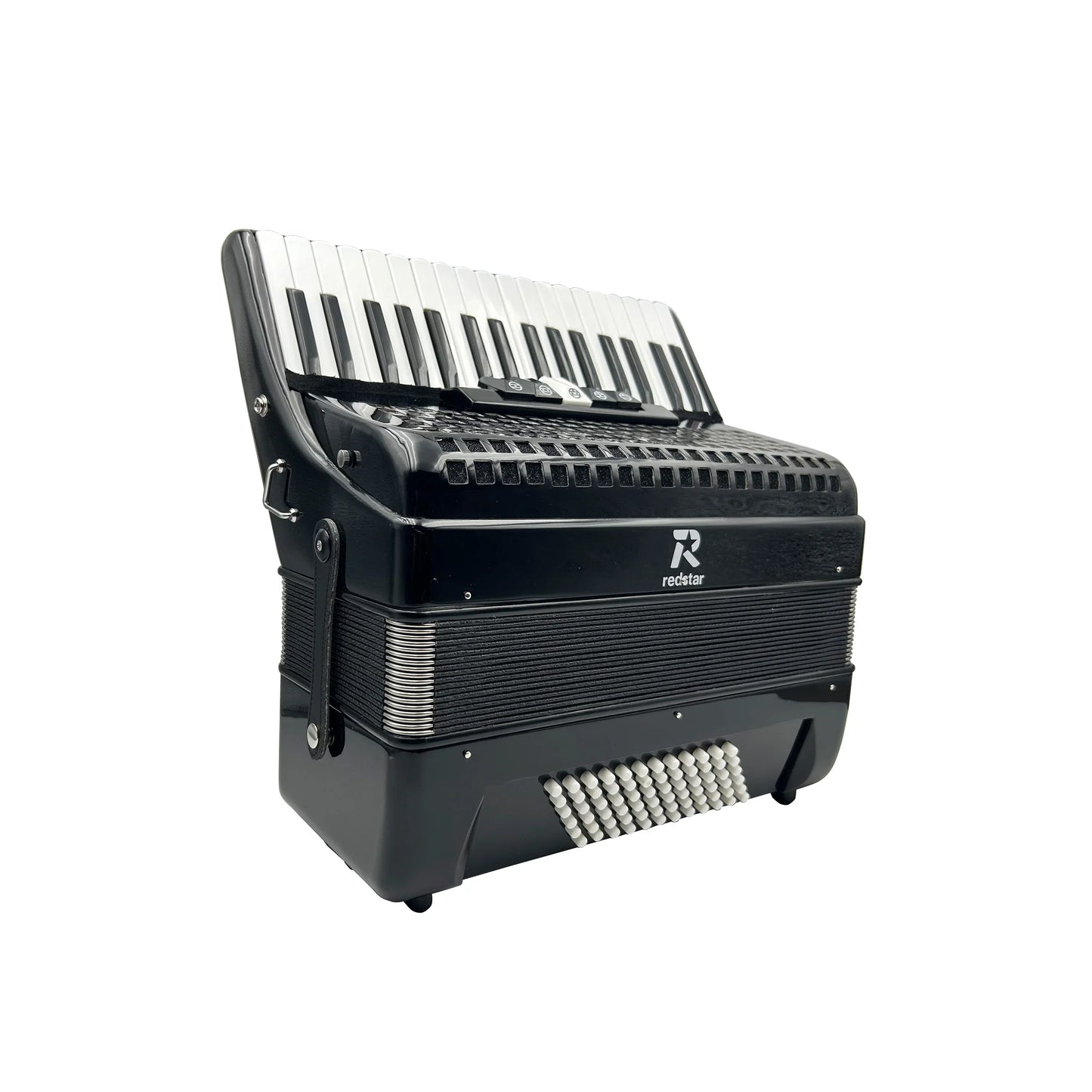 Black redstar glossy seasound professional keyboard accordion jp3472b with white and black piano keys and registers chromatic conformation