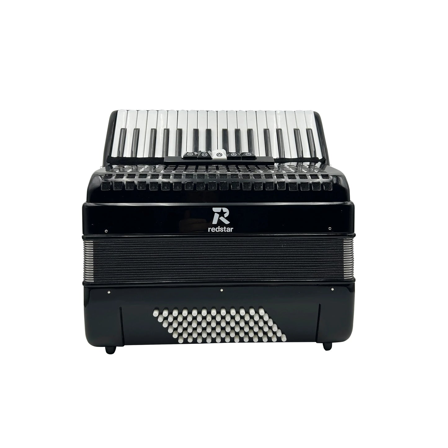 Black redstar keyboard accordion jp3472b with glossy finish white and black keys featuring registers chromatic conformation