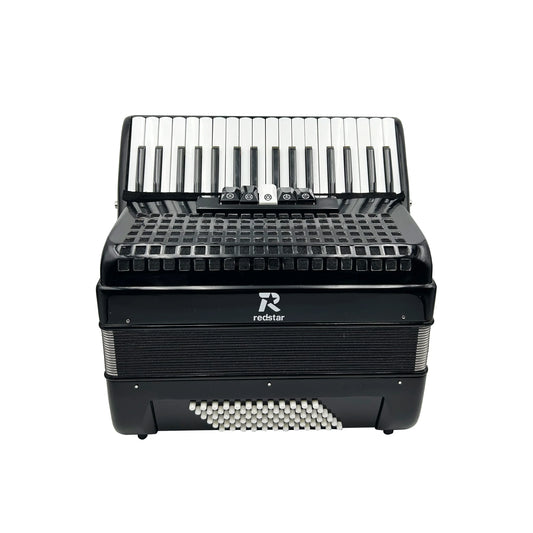 Black redstar keyboard accordion jp3472b oem with glossy finish, white black keys, silver accents, registers chromatic conformation