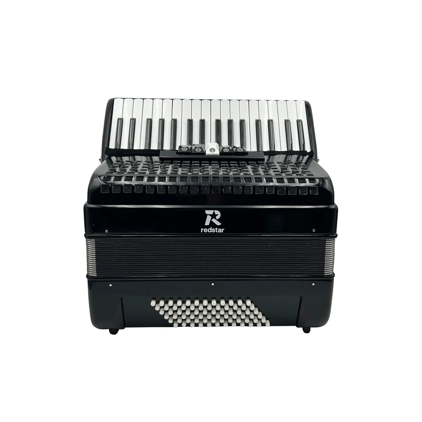 Seasound professional keyboard accordion jp3472b with glossy black redstar finish white and black keys registers chromatic conformation
