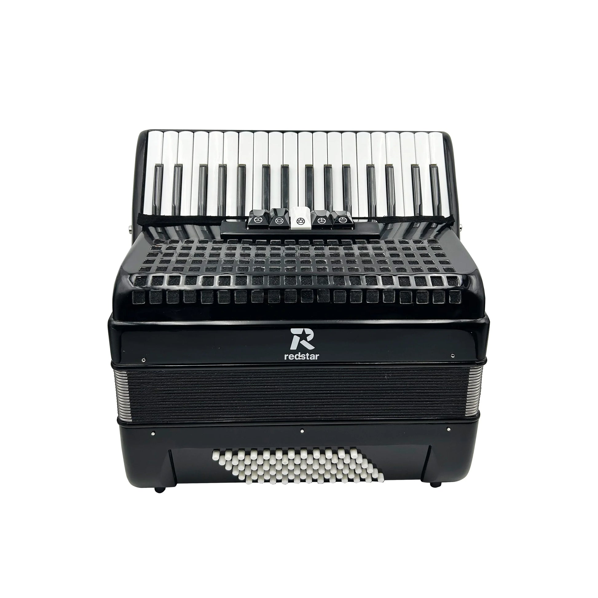 Black redstar keyboard accordion jp3472b oem with glossy finish white and black keys silver accents registers chromatic conformation