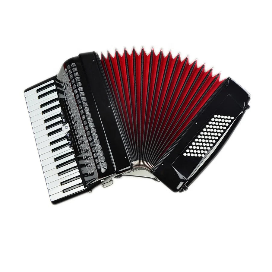 Black and red SEASOUND professional keyboard accordion jp3472b with glossy finish white piano keys and registers chromatic conformation