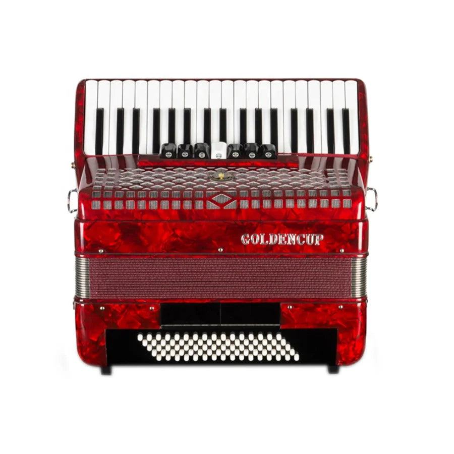 A vibrant red seasound professional registers piano keyboard accordion instrument with glossy marbled finish and piano keys