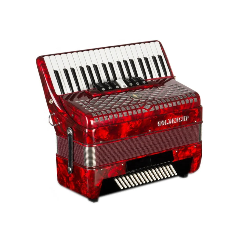 A vibrant red glossy seasound professional registers piano keyboard accordion instrument with 37 keys and marbled finish