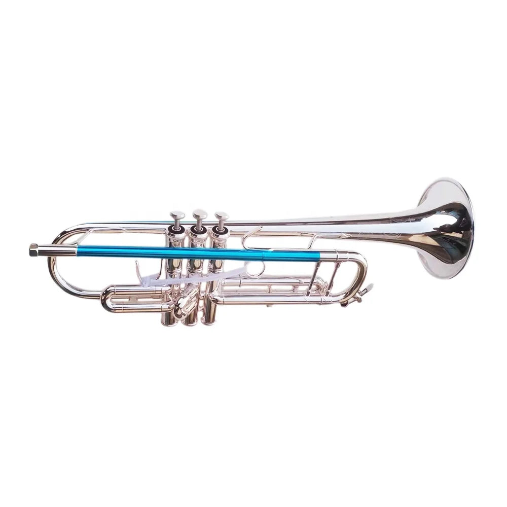 Shiny silver seasound professional master brass instrument tenor with vibrant blue mouthpiece and stainless steel pistons