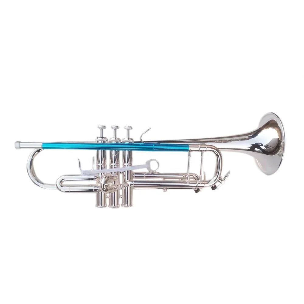 Seasound professional master silver trumpet brass instrument tenor with vibrant blue mouthpiece and stainless steel pistons