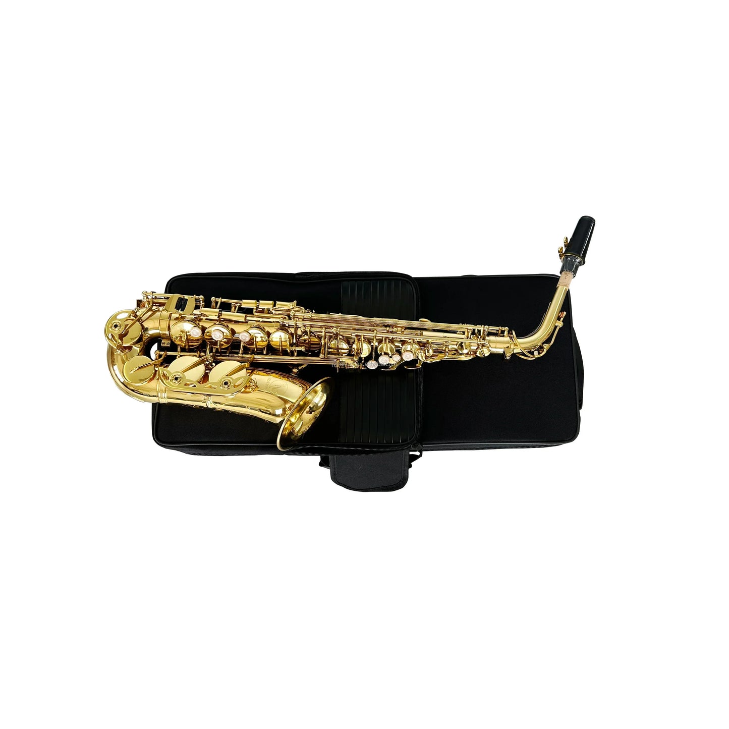 A seasound professional oem style gold lacquer alto saxophone jyas102y2z with black mouthpiece on black case