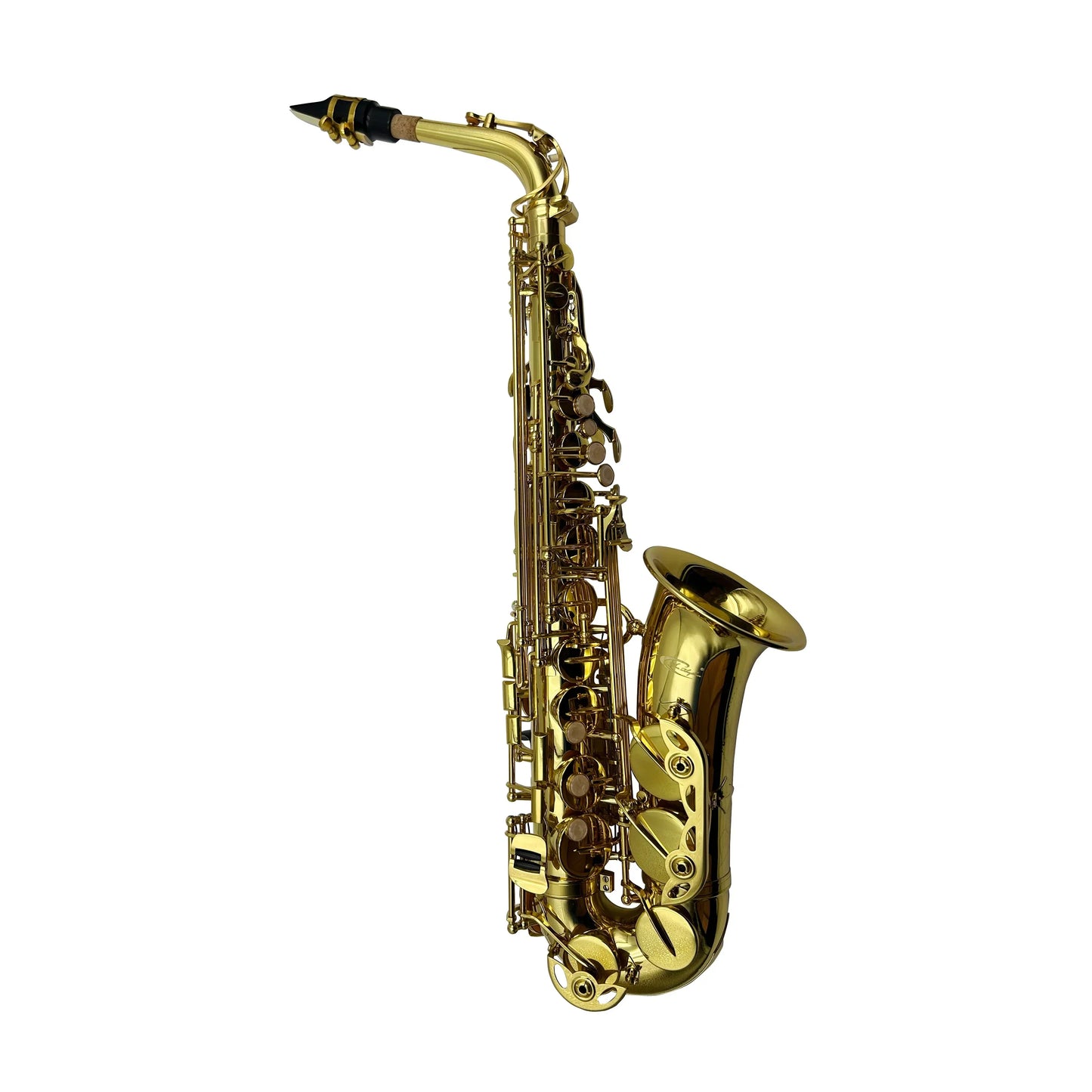 A gleaming gold lacquer alto saxophone jyas102y2z with polished brass body and black mouthpiece cap by seasound professional oem