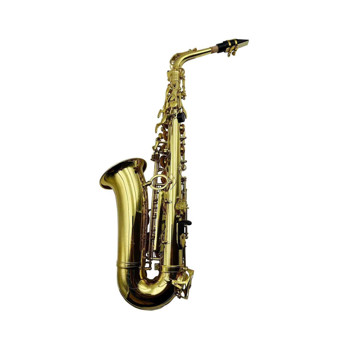 A gleaming gold lacquer alto saxophone jyas102y2z with polished brass body and black key accents by seasound professional oem