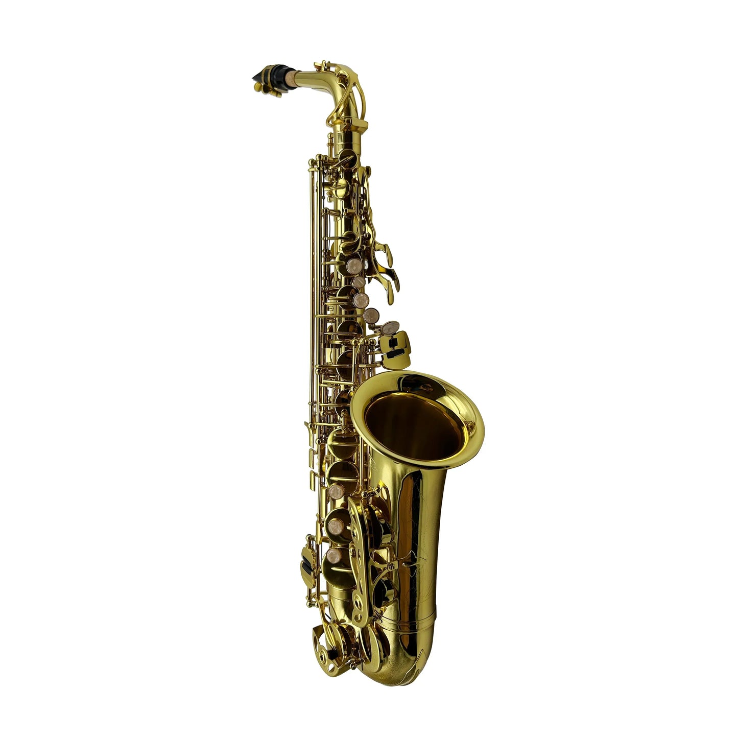 Shiny gold lacquer alto saxophone jyas102y2z with intricate keywork by seasound professional oem in polished brass finish