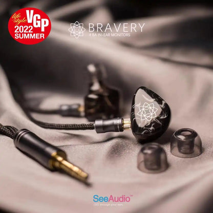 Seeaudio bravery black 4ba in-ear monitors with balanced armature driver, resin housing, gold connectors, and braided cable