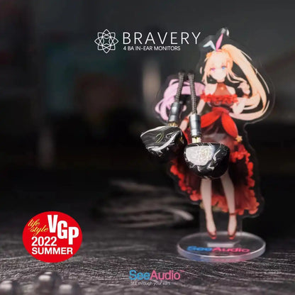 SeeAudio bravery black 4ba balanced armature driver earphone resin in-ear monitors with glossy finish on anime stand