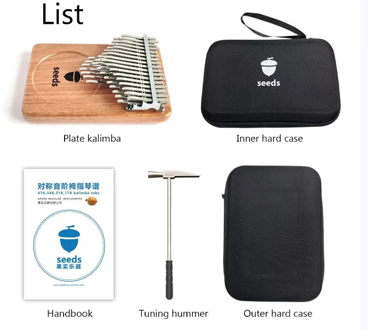 Wooden seeds chromatic kalimba with silver metal tines and black seeds logo professional thumb piano handmade okoume wood