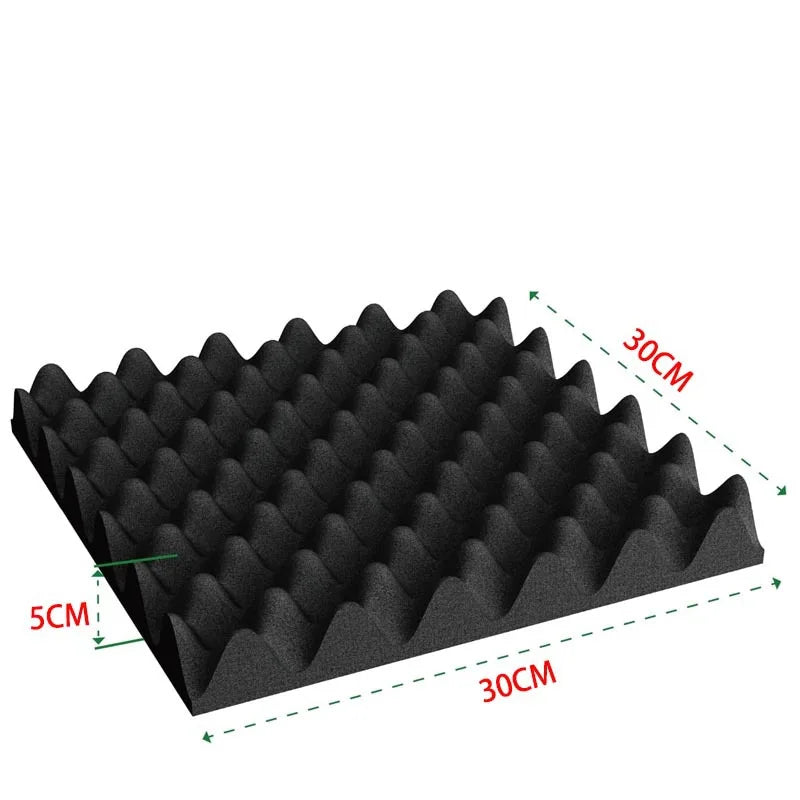 Black 30cm x 30cm x 5cm self-adhesive soundproof foam panel with textured eggcrate acoustic wall surface for noise reduction