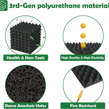 Black 3rd-gen self-adhesive soundproof foam panels with eggcrate acoustic wall texture for noise reduction and studios