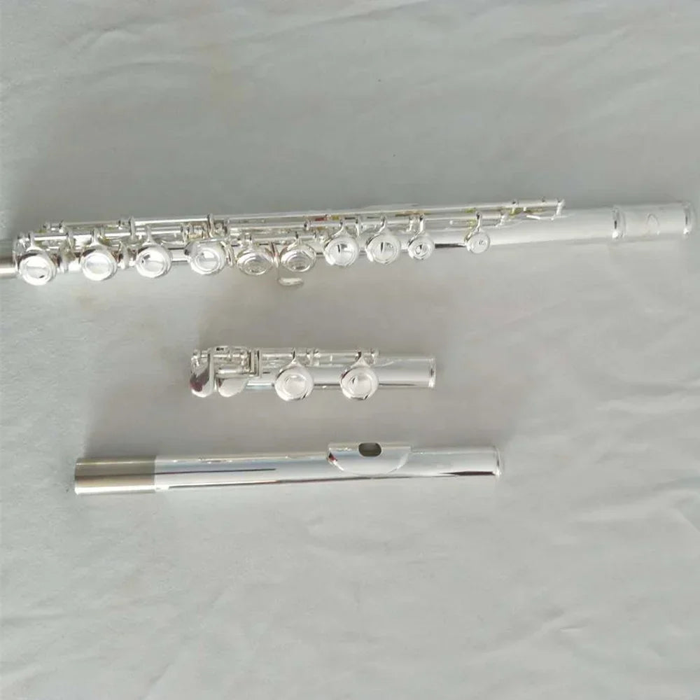 Silver plated high quality flute with 16 hole 17 hole closed keywork and sleek polished metallic finish for playing instruments