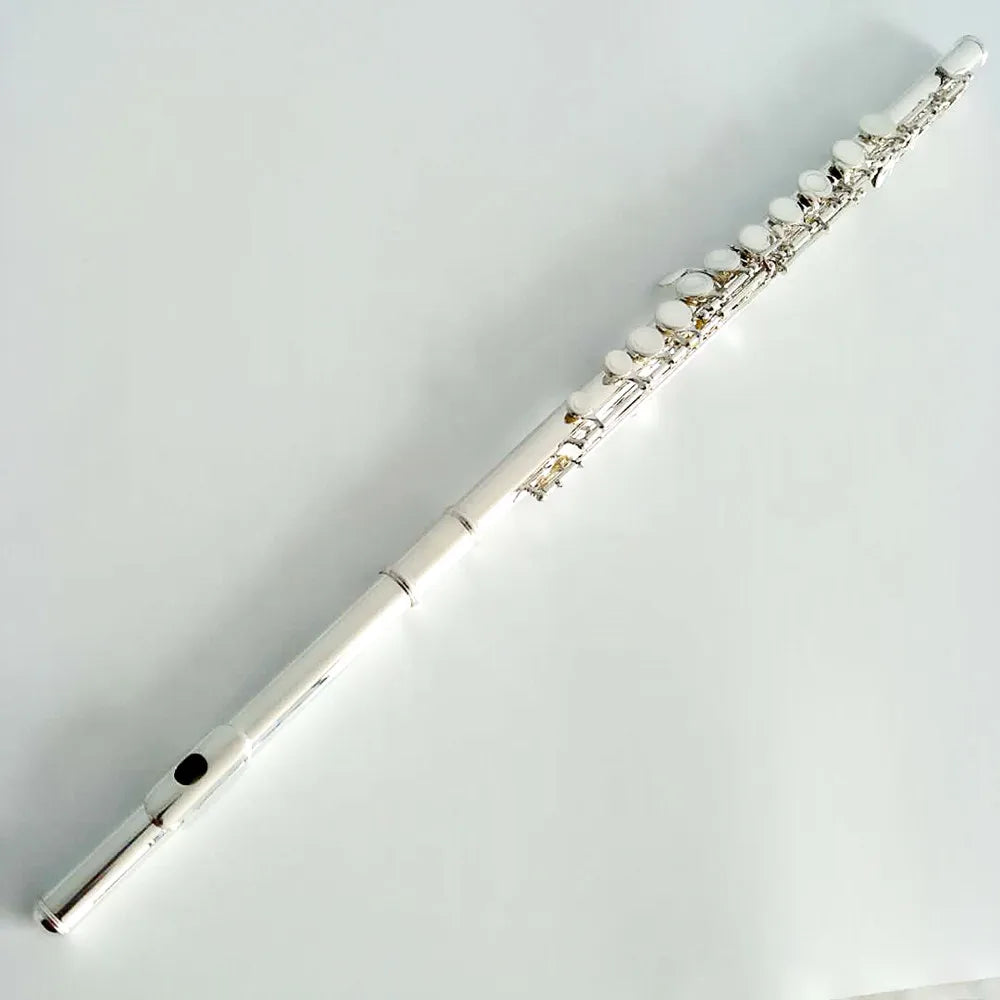 Silver plated high quality flute with 16 17 hole closed keys white plastic keys and gold colored accents for playing instruments