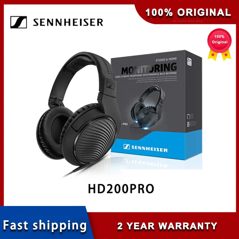 Black sennheiser hd200pro professional monitor headphones with deep bass, wired design, padded earcups, and textured surfaces