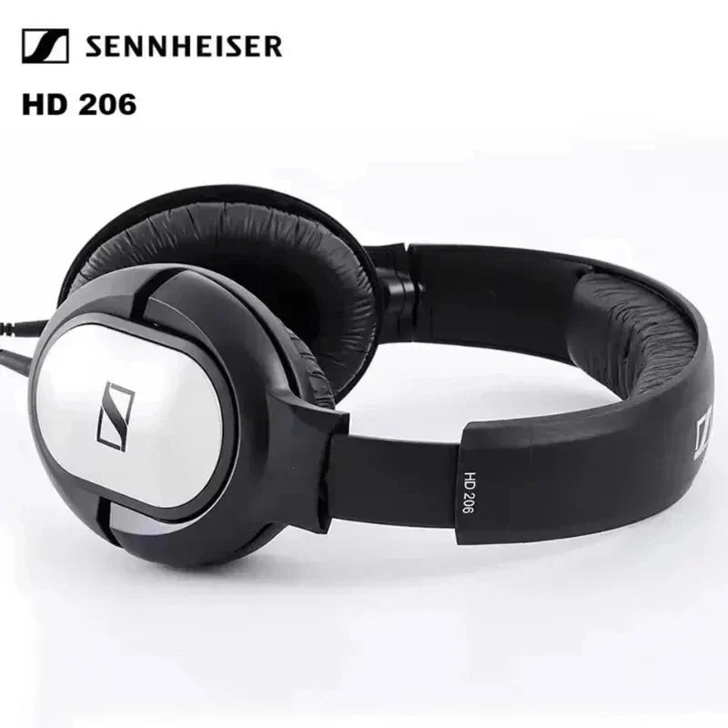 Black sennheiser hd206 noise cancelling over-ear headphones with silver accents padded earcups and enclosed dynamic design