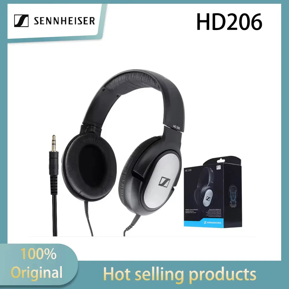 Black sennheiser hd206 noise cancelling headphones with enclosed dynamic design and sound high resolution next to packaging