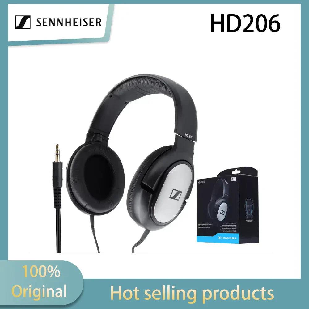 Black sennheiser hd206 noise cancelling over-ear headphones with enclosed dynamic design and padded silver accents