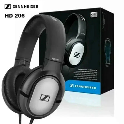 Black and silver sennheiser hd206 noise cancelling over-ear headphones with enclosed dynamic design and sound high resolution