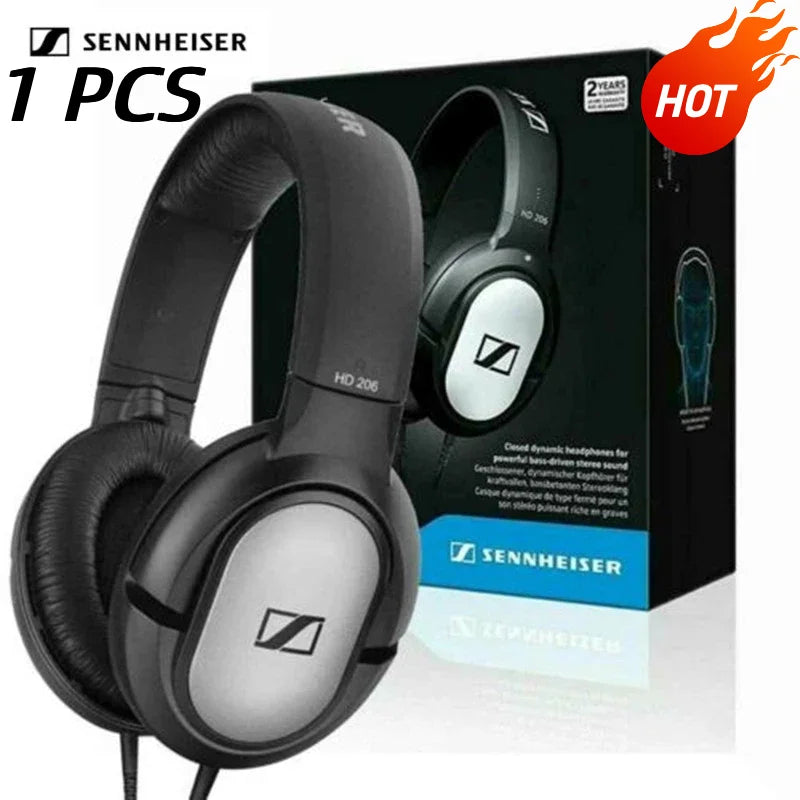 Black and silver sennheiser hd206 ear studio headphones with padded headband and earcups for professional monitor dj headset use