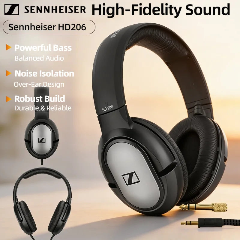 Sennheiser hd206 ear studio headphones with black and silver accents durable build professional monitor dj headset