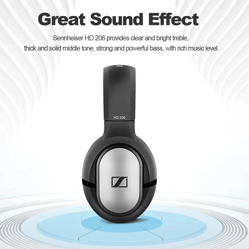 Black and silver sennheiser hd206 over ear ear studio headphones with sleek modern design for professional monitor dj headset use