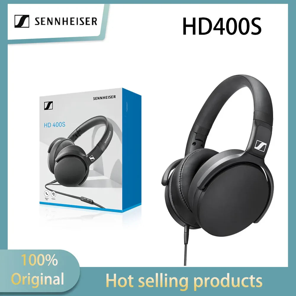 Black sennheiser hd400s headphones with padded earcups and headband featuring bass noise reduction for esports use