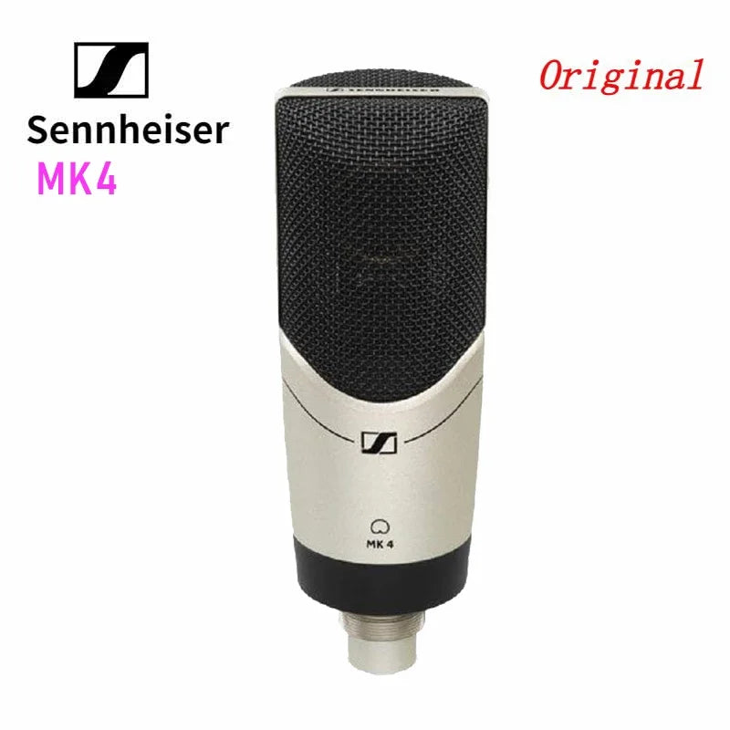 Sennheiser mk4 large diaphragm professional karaoke condenser microphone with black mesh grille and silver body for live broadcast professional use