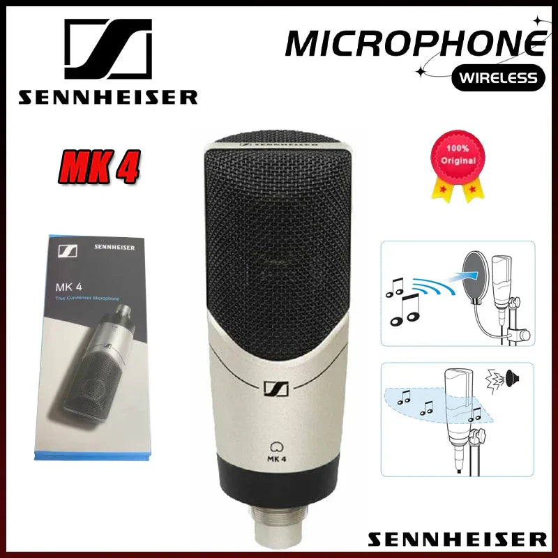 Sennheiser mk4 large diaphragm karaoke condenser microphone with black and silver mesh grille for live broadcast professional use