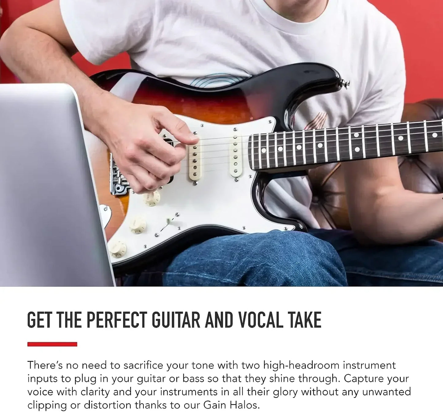 Sunburst finish electric guitar with white pickguard and black hardware alongside sennheiser mk4 large karaoke condenser microphone for live broadcast professional use