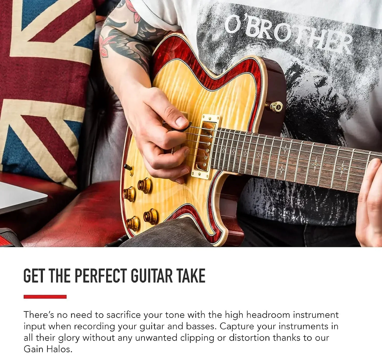 A sunburst-finished electric guitar with red binding and gold hardware shown alongside a sennheiser mk4 large diaphragm karaoke condenser microphone for live broadcast professional use