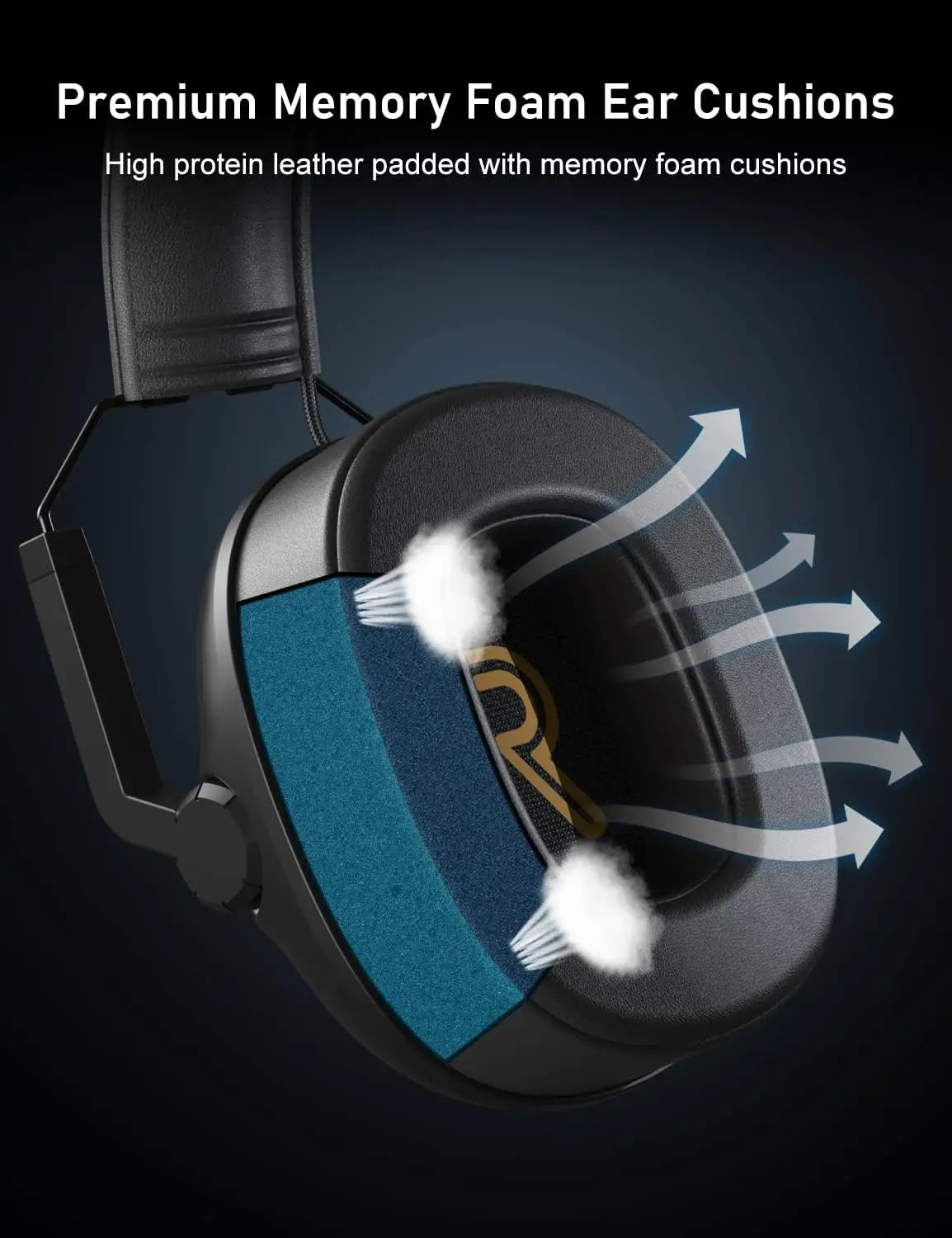 Black senzer sg500 pro gaming headset with premium memory foam cushions and blue fabric accents for surround sound pro use