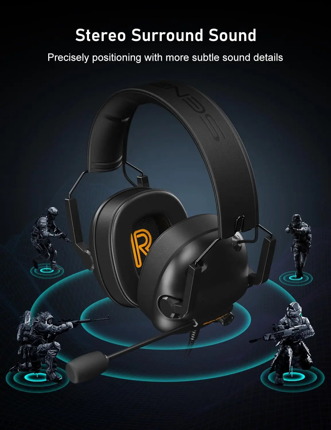 Black senzer sg500 pro gaming headset with orange r logo, surround sound pro and noise cancelling microphone for gaming