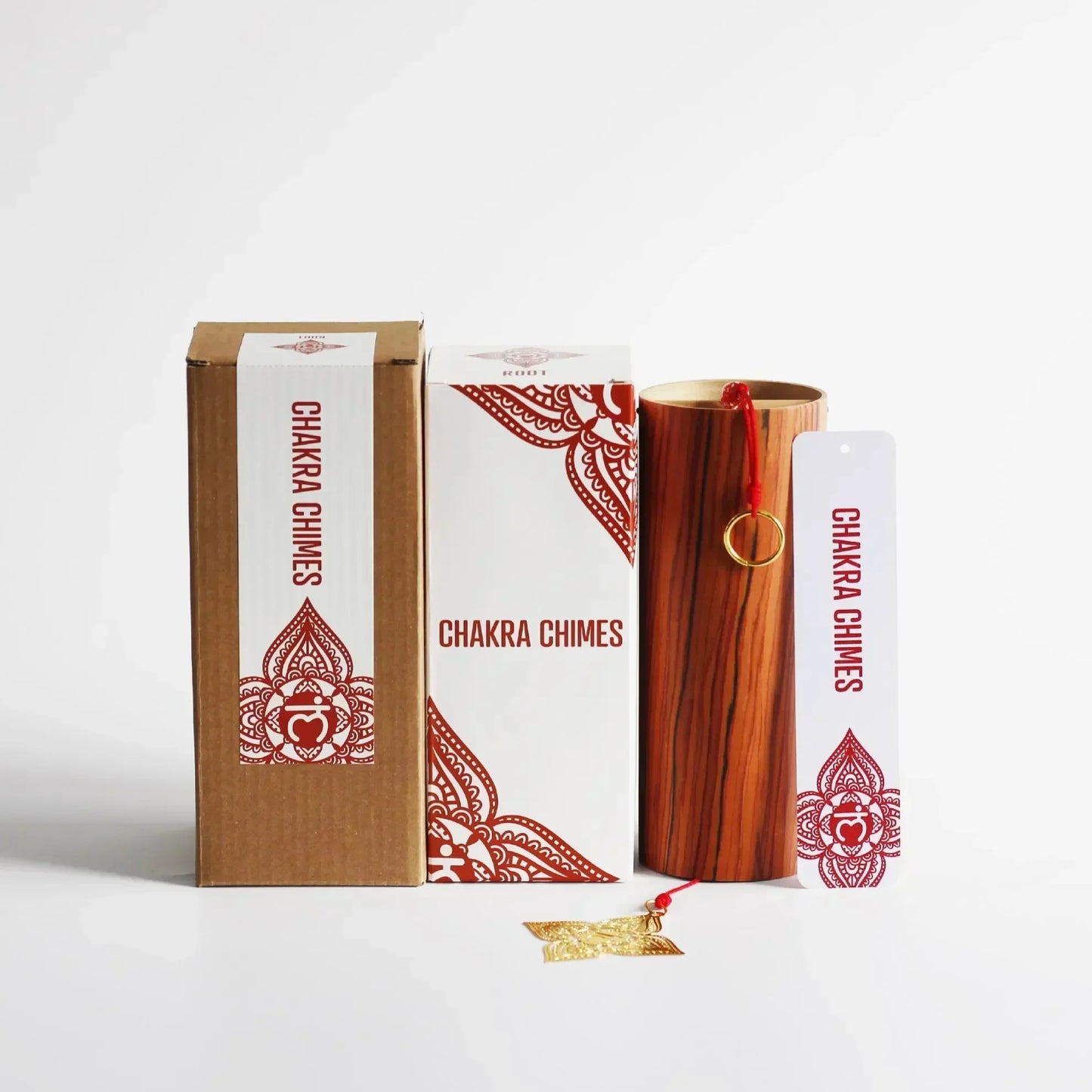 Wooden seventh chord wind chime with warm natural grain finish and gold ring handle for meditation yoga japanese use