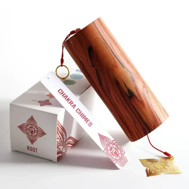 A polished wooden seventh chord wind chime with warm brown finish and natural grain for meditation yoga japanese use