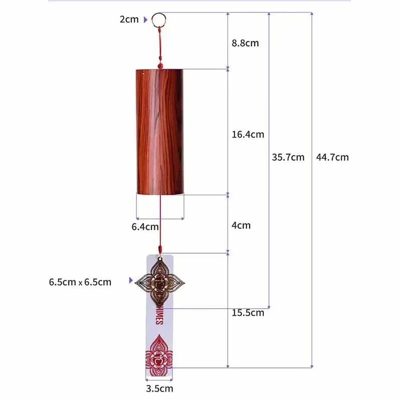 A polished reddish-brown wooden seventh chord wind chime with ornate metal pendant and red floral designs for meditation yoga japanese use