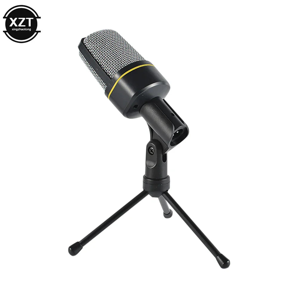 Black condenser microphone sf-920 with silver mesh grille and yellow band on tripod stand for gaming streaming studio and youtube video microfon