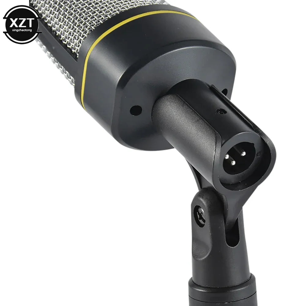 Black SF-920 condenser microphone with metallic mesh grille and yellow stripe for tripod gaming streaming and youtube video microfon