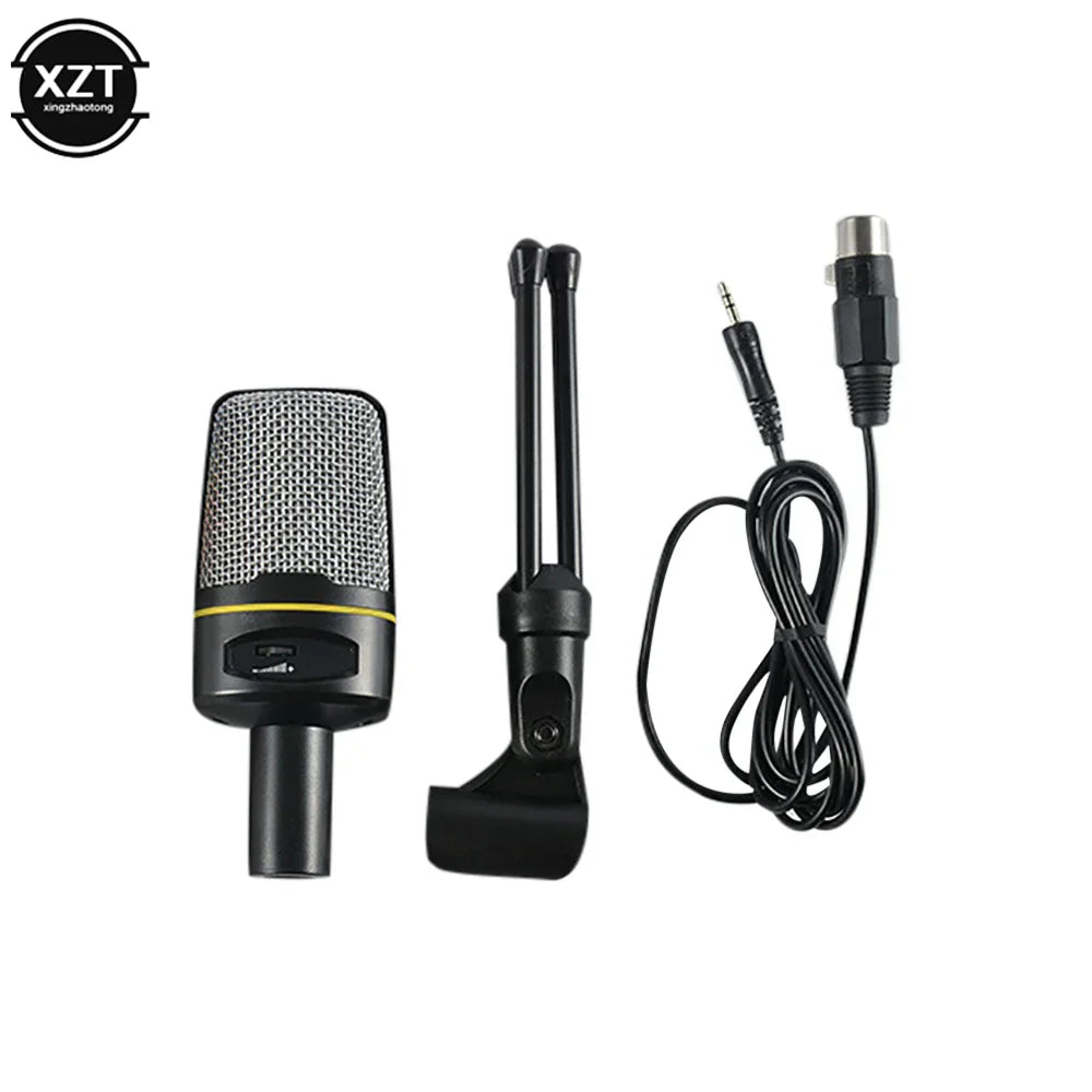 Black SF-920 condenser microphone with silver mesh and yellow accent on stand mount for tripod gaming streaming studio use