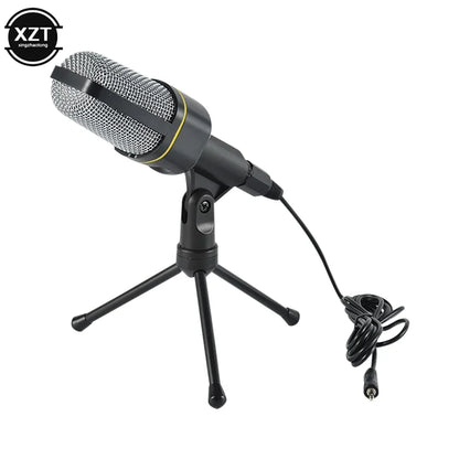 Black xzt condenser microphone with silver mesh grille and yellow accent ring on tripod gaming streaming stand for youtube video microfon