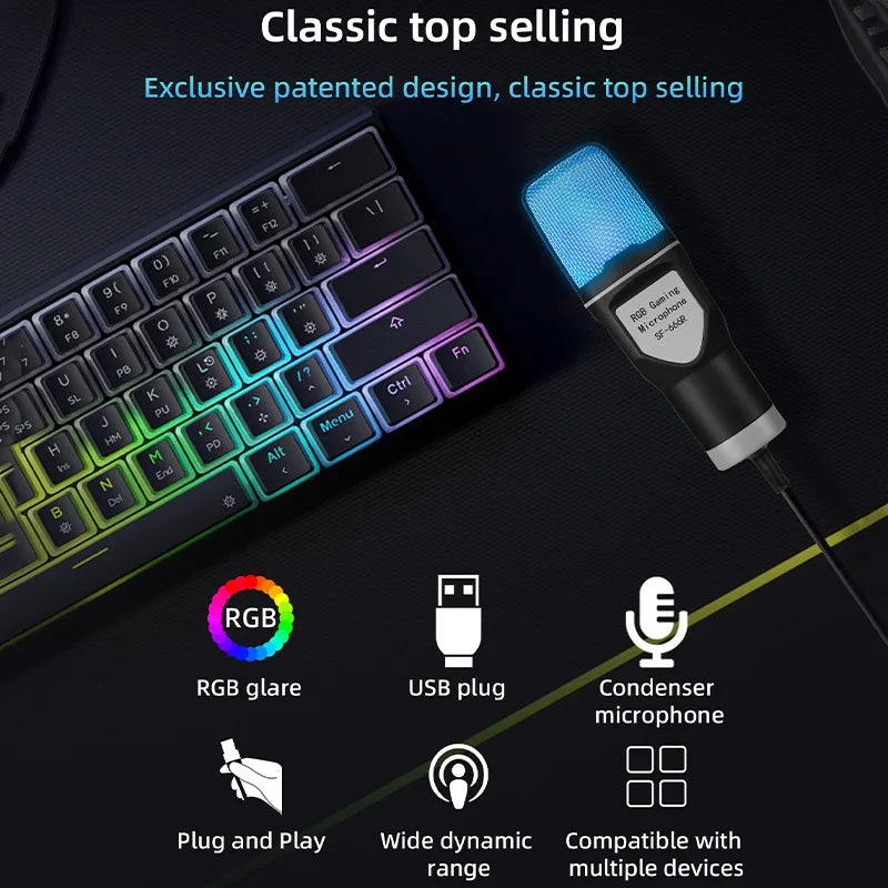 Blue illuminated sf666r usb microphone with black and silver accents for podcast recording studio and streaming laptop desktop