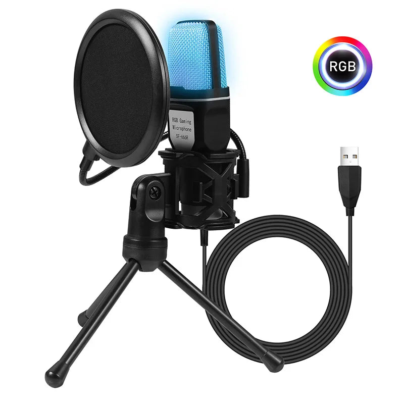 Black sf666r usb microphone with rgb lighting mesh grille pop filter on tripod for podcast recording studio streaming laptop desktop