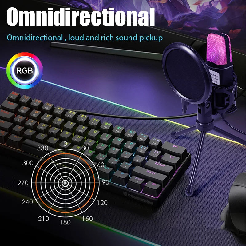 Purple rgb-lit sf666r usb microphone with black pop filter and tripod stand for podcast recording studio and streaming laptop desktop